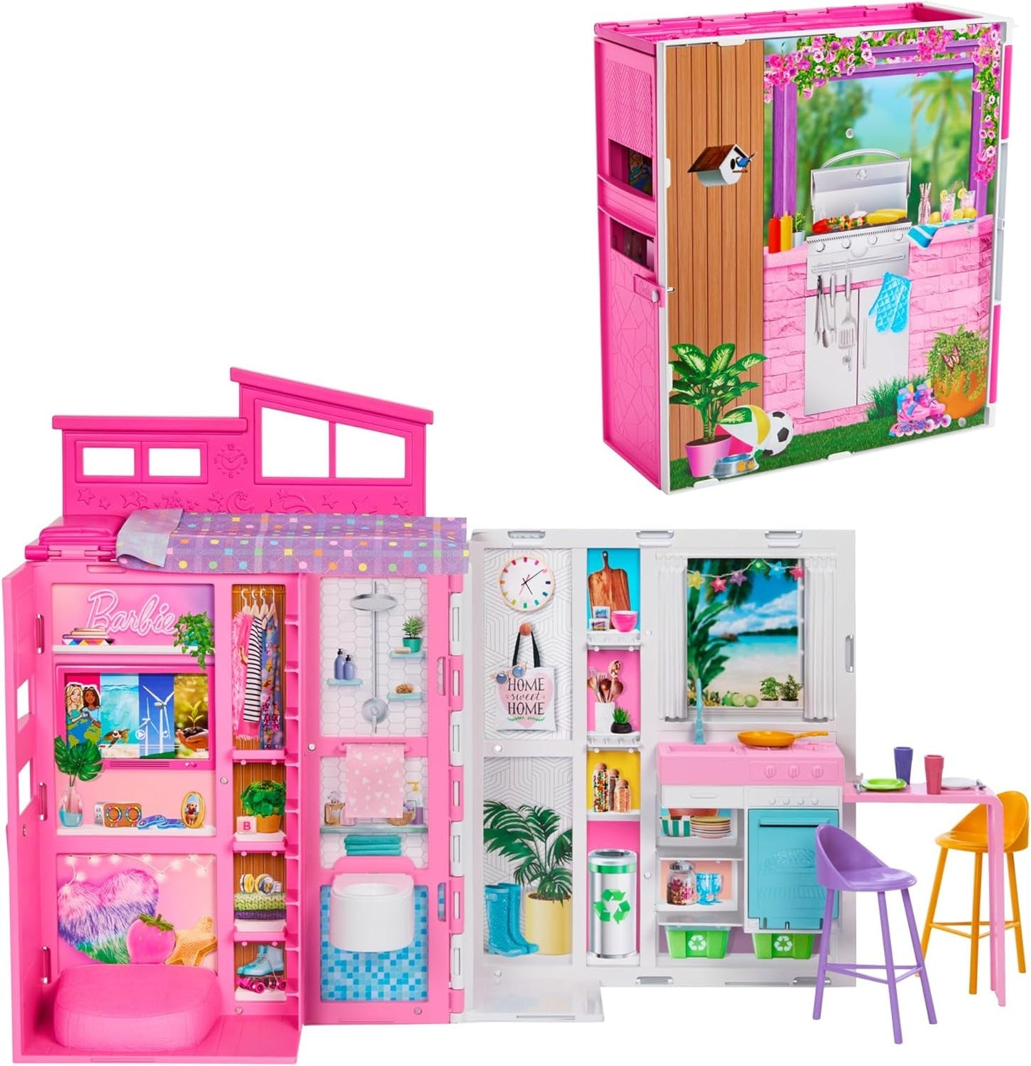 Barbie-Puppenhaus Spielset, Ferienhaus mit 4 Spielbereichen, darunter Küche, Badezimmer, Schlafzimmer en Lounge, 11 Deko-Zubehörteile, HRJ76