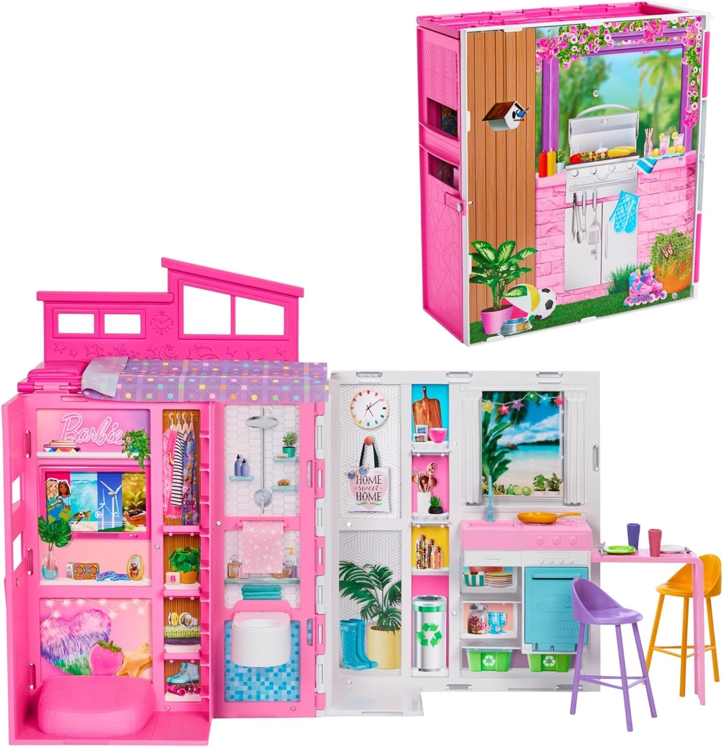 Barbie-Puppenhaus Spielset, Ferienhaus mit 4 Spielbereichen, darunter Küche, Badezimmer, Schlafzimmer en Lounge, 11 Deko-Zubehörteile, HRJ76