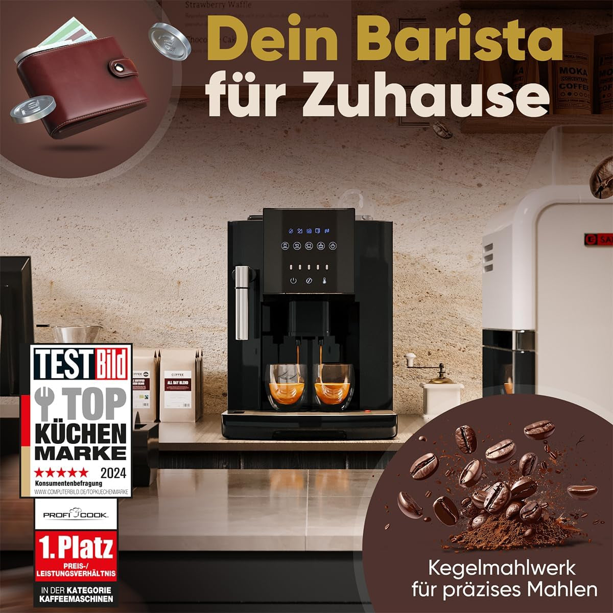Volautomatische ProfiCook® espressomachine met melkopschuimer voor cappuccino | Conische slijpmachine | met kopjesverwarmingsfunctie | Italiaanse professionele pomp | Touchscreen | Espresso | PC KAV 1281