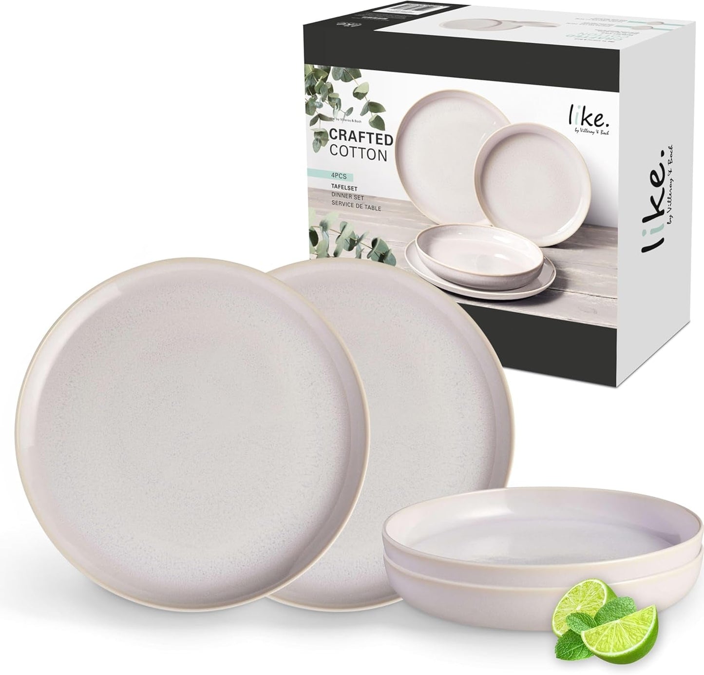 leuk vinden. van Villeroy & Boch – Crafted Cotton Dinner-Set 4 teilig Weiß, Spülmaschinenfest, Mikrowellensicher, Geschirrset, Tafelservice Modern, Speiseteller, Tiefe Teller, Pottery-Look, Premium Porzellan