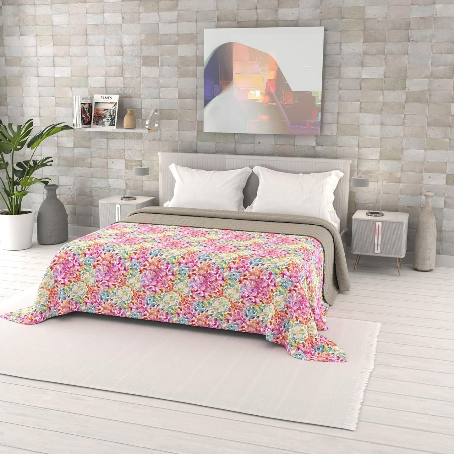 Zomerdekbed met fantasieprint, polyester vulling, bloemblaadjes, 260 x 270 cm