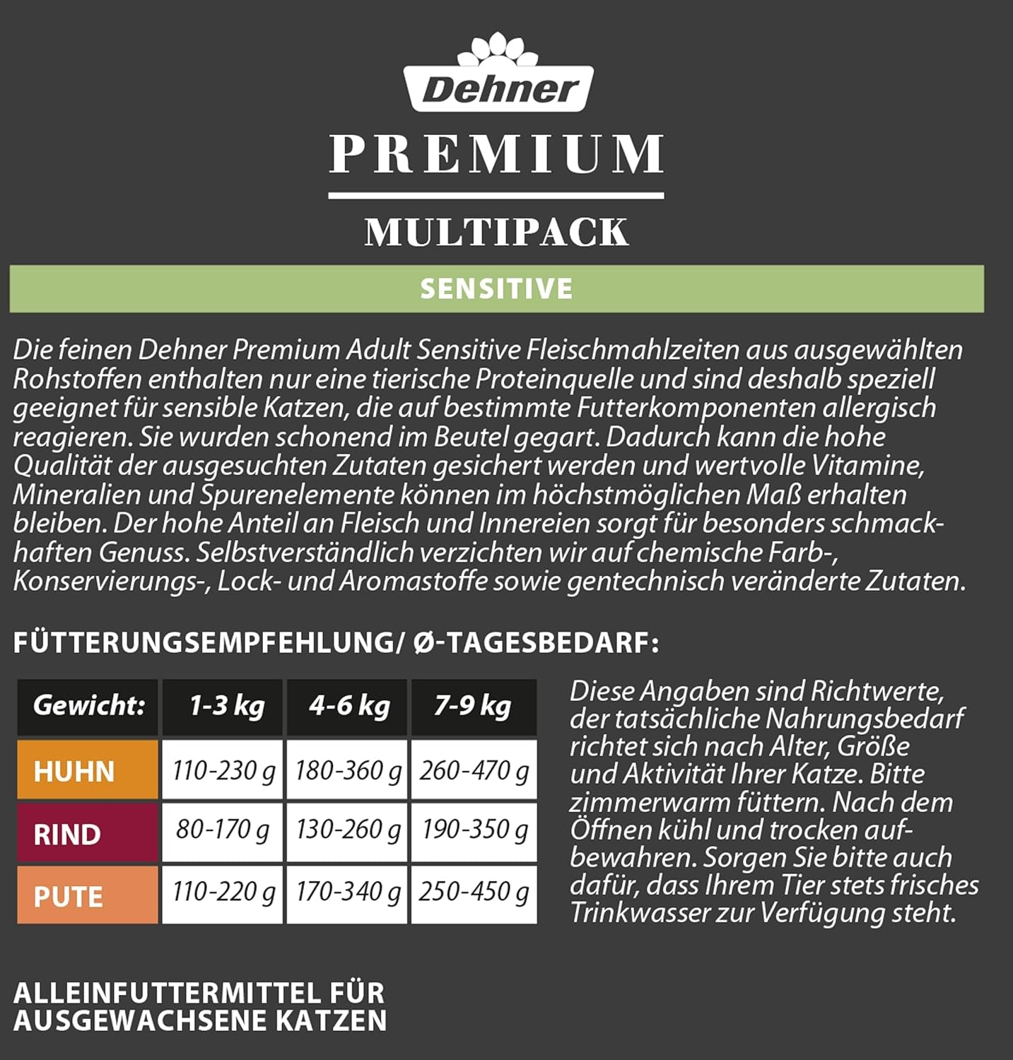 Dehner Premium Katzenfutter Sensitive Multipack, Nassfutter, voor ernährungsensible Katzen, je 4 x Huhn / Rind / Pute, 12 x 100 g zak (1,2 kg)