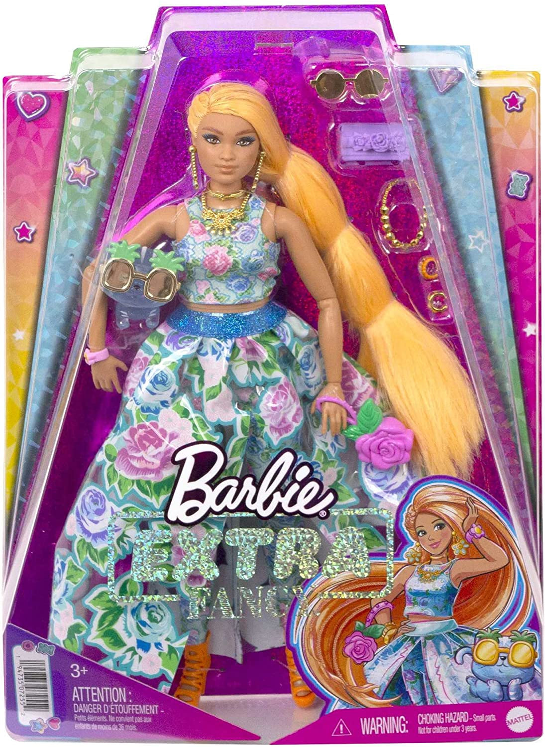 Barbie Extra Fancy, Kurvige Langen erdbeerblonden Haaren, zweiteiliges Outfit, Blaue Katze, rosa Handtasche, Ananas-Sonnenbrille, inkl Puppe, als Geschenk geeignet,HHN14