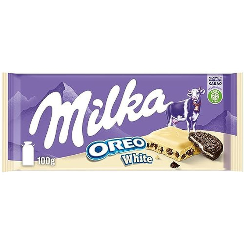 Milka Oreo Sandwich – Alpenmelkchocolade, gevuld met knapperige stukjes Oreo-koekjes en zachte vanillecrème – 92g