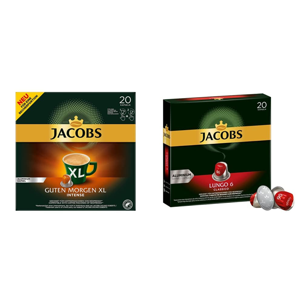 Jacobs Kaffeekapseln Guten Morgen XL Intense - 10er Pack (10 x 20 Getränke) & Kaffeekapseln Lungo Classico, Intensität 6 van 12, 20 Nespresso®* compatibele Kapseln, 10 x 20 Getränke