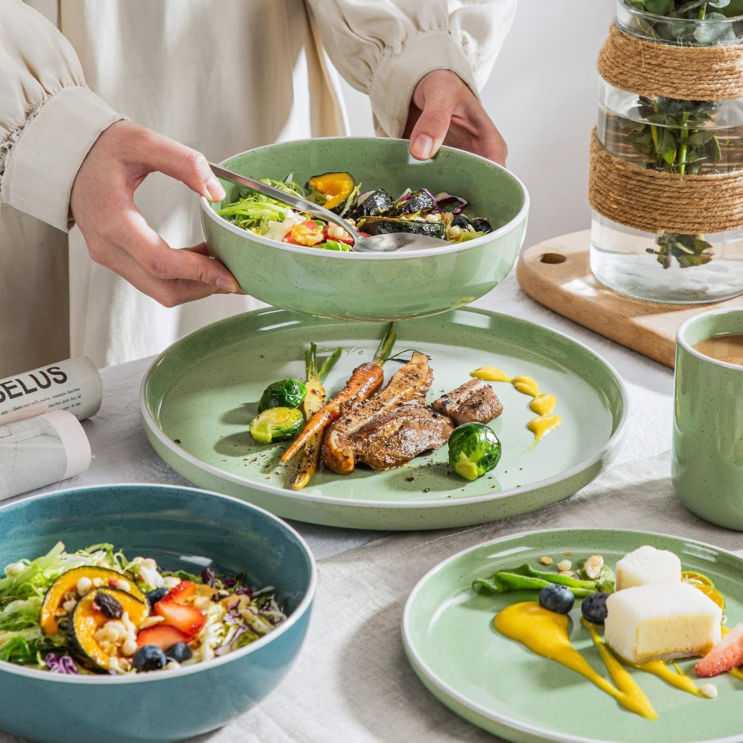 vancasso SESAM Serie Steingut Geschirrset voor 12 Personen, 48 teiliges Kombiservice – Tafelservice mit Speisetellern, Desserttellern, Müslischalen en Kaffeetassen, Scandinavisch design