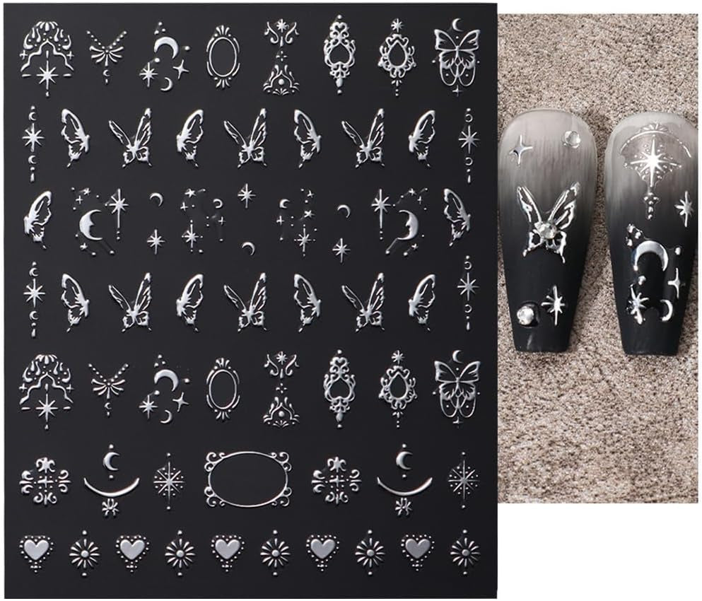 3D zilver metallic nagelstickers, nagelstickers voor vrouwen, ster, maan, zon, nagelfolie, zelfklevende stickers, vlindernagelstickers, nagelstickers, nageldesignaccessoires, 8 stuks