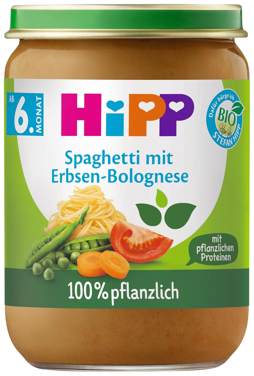 HiPP Biologische Spaghetti Bolognese met Erwten (6 x 190 g), babymaaltijd vanaf 5/6 maanden, 100% plantaardig, zonder toegevoegd zout, beste biologische kwaliteit