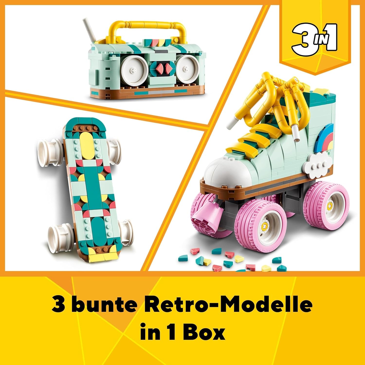 LEGO Creator 3In1 rolschaatsspeelgoed voor meisjes en jongens met miniskateboard en boombox, retro slaapkamerdecoratie, verjaardagscadeau voor 8 jaar oud 31148 Bouwsets