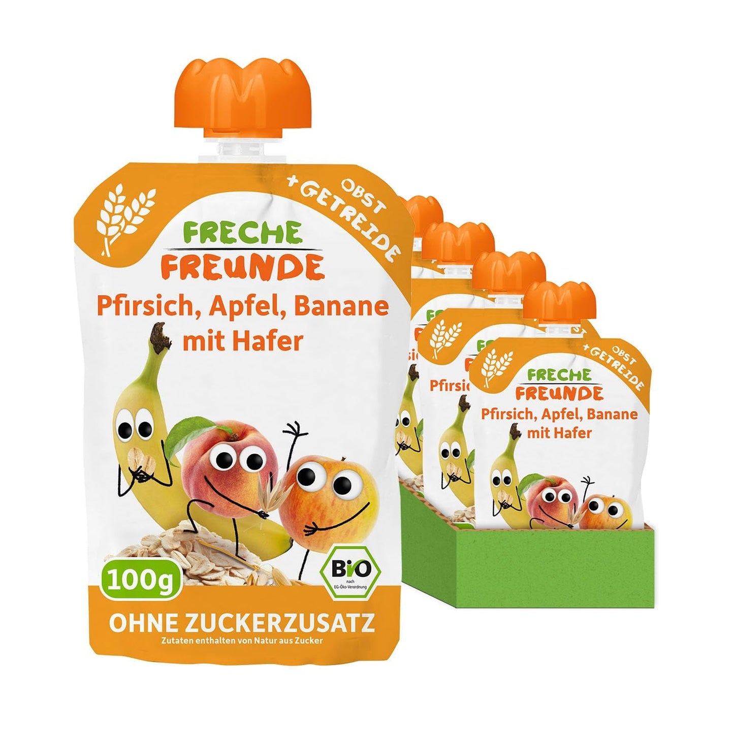 FRECHE FREUNDE Perzik Appel Banaan Haver Biologische Fruitpuree met Granen in een Knijpbaar Zakje voor Baby's 6 Maanden + Veganistisch 6 Pack (6 x 100g)