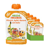 FRECHE FREUNDE Perzik Appel Banaan Haver Biologische Fruitpuree met Granen in een Knijpbaar Zakje voor Baby's 6 Maanden + Veganistisch 6 Pack (6 x 100g)