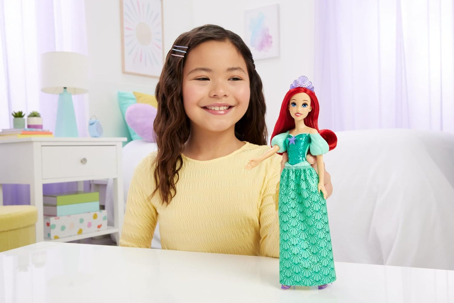 Mattel Disney Princess Ariel-pop, lang stylinghaar, positioneerbaar, afneembare schoenen en hoofdband, Disney-cadeaus, speelgoed voor kinderen vanaf 3 jaar, HLW10