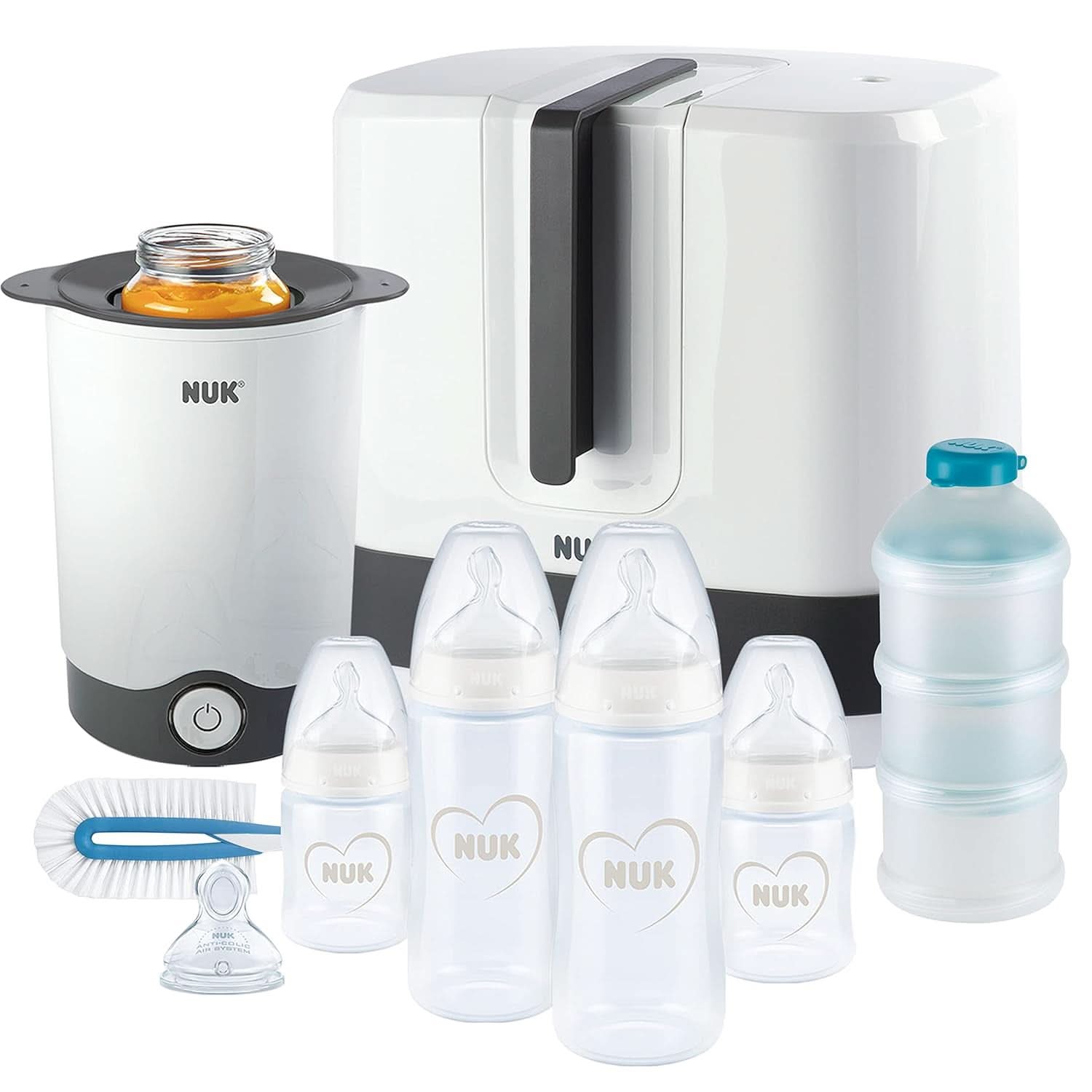 NUK handmatige borstkolfset, zacht siliconenkussen, 2 perfect op elkaar afgestemde flessen, 150 ml babyvoeding en borstvoedingsaccessoires Naty Shop First Choice+ Set