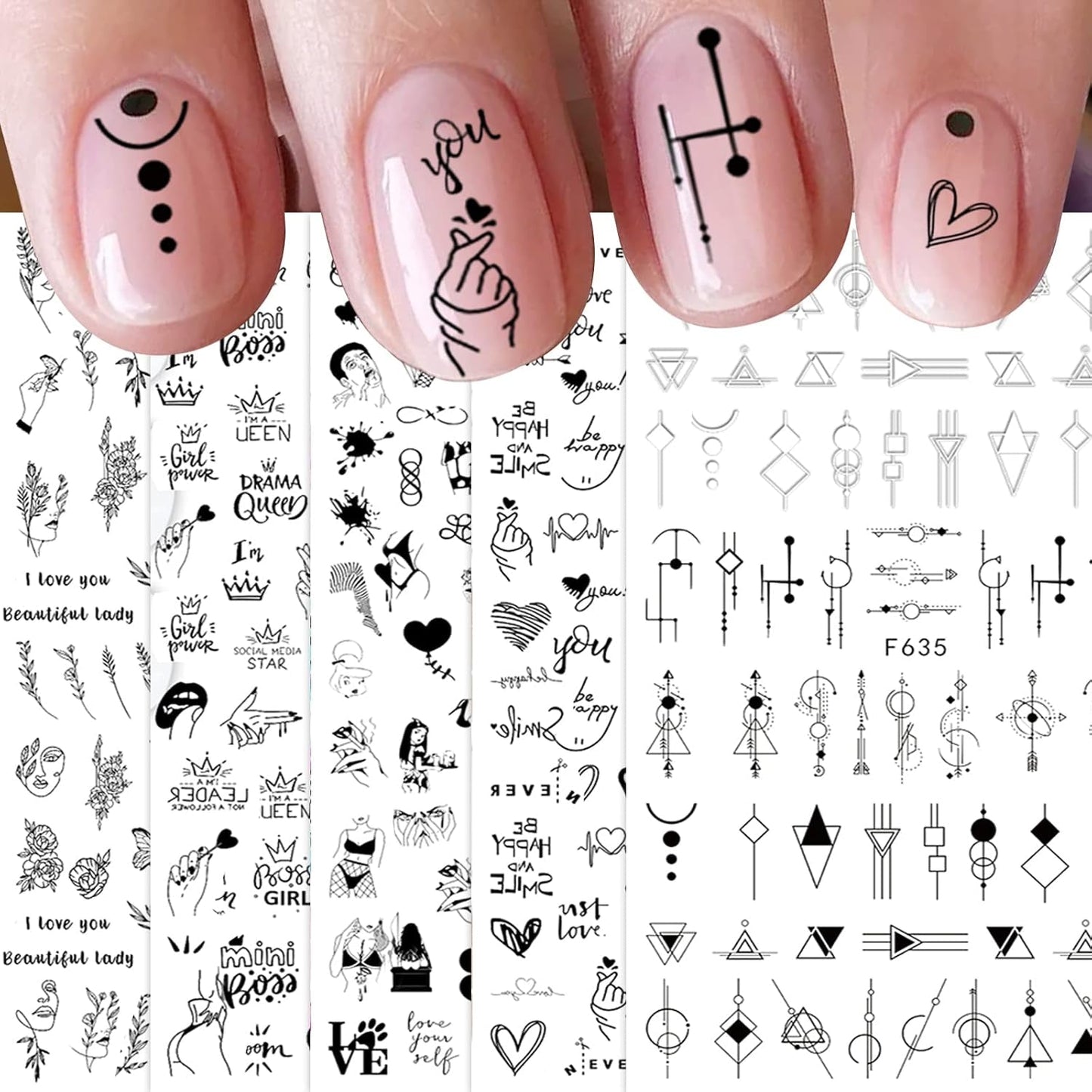 JMEOWIO Nagelsticker Geometrie 10 Blatt Nagelaufkleber Selbstklebend Schwarzes Herz Unregelmäßig Geformt Nail Art Sticker Decoratie Nageldesign Zubehör