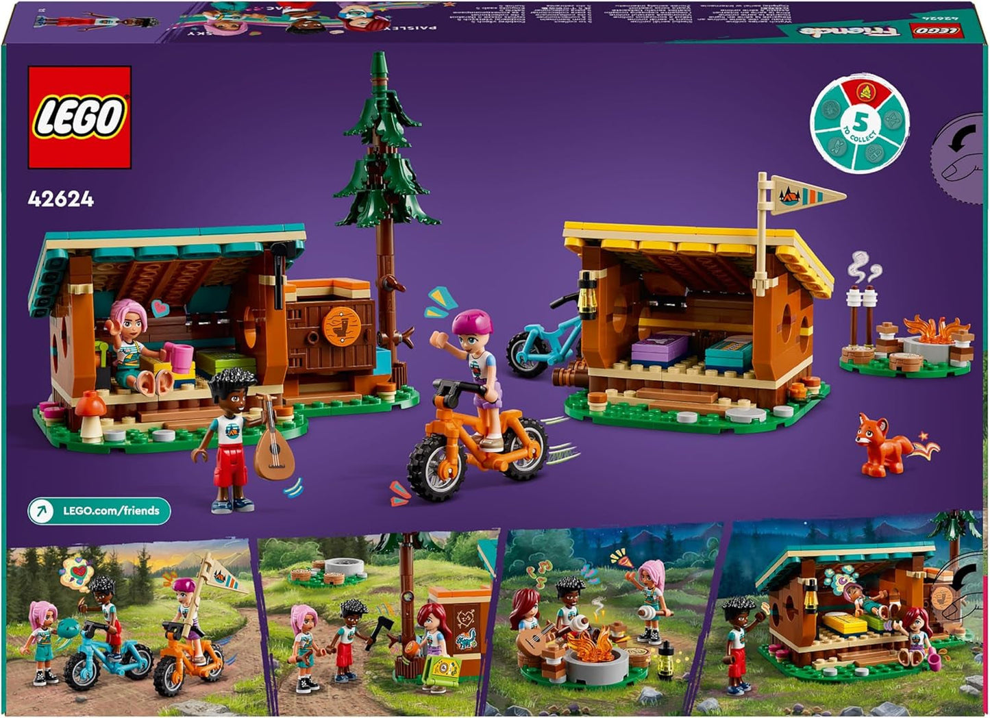 LEGO Friends Gezellige hutten op avonturenkamp, rollenspel voor buiten, kinderspeelgoed voor meisjes en jongens vanaf 7 jaar met 3 figuren en vos, kampeerspeelgoed 42624 Bouwsets Besuche den LEGO-Store