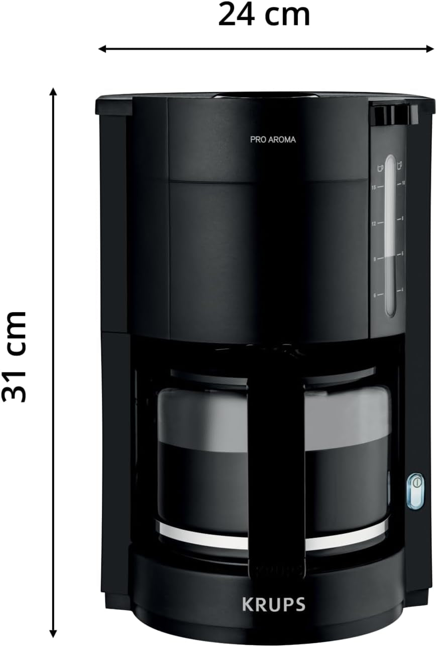 Krups F30908 ProAroma Espressomachine met filter en glazen karaf, inhoud 1,25 l, 10-15 kopjes, 1050 W, zwart