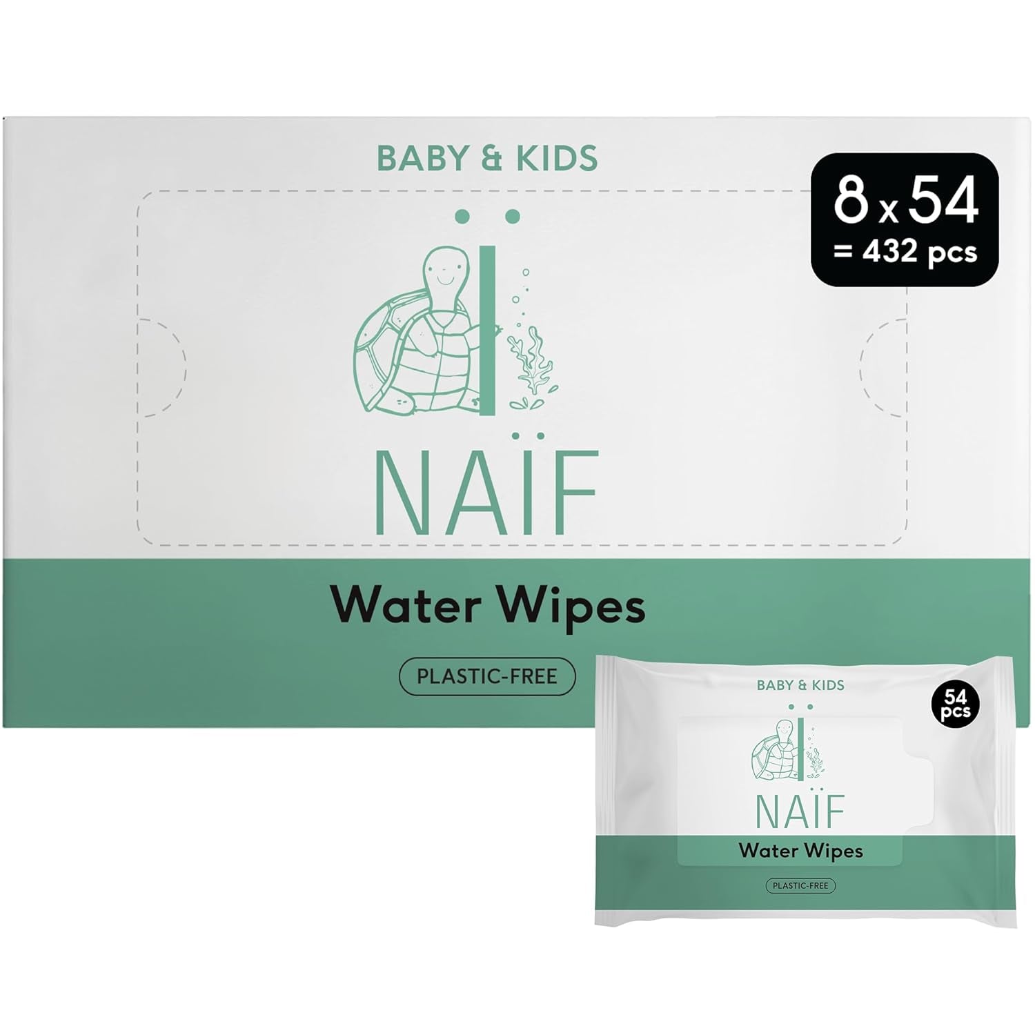 Naïf Plasticvrije Babydoekjes 432 Stuks (8 Pak x 54 Doekjes) - Verzorging voor Babybilletjes, Lichaam en Gezicht - 99% Water - 0% Geur & Alcohol - Doos met Duurzame Vochtige Doekjes, Gevoelige Eucalyptus