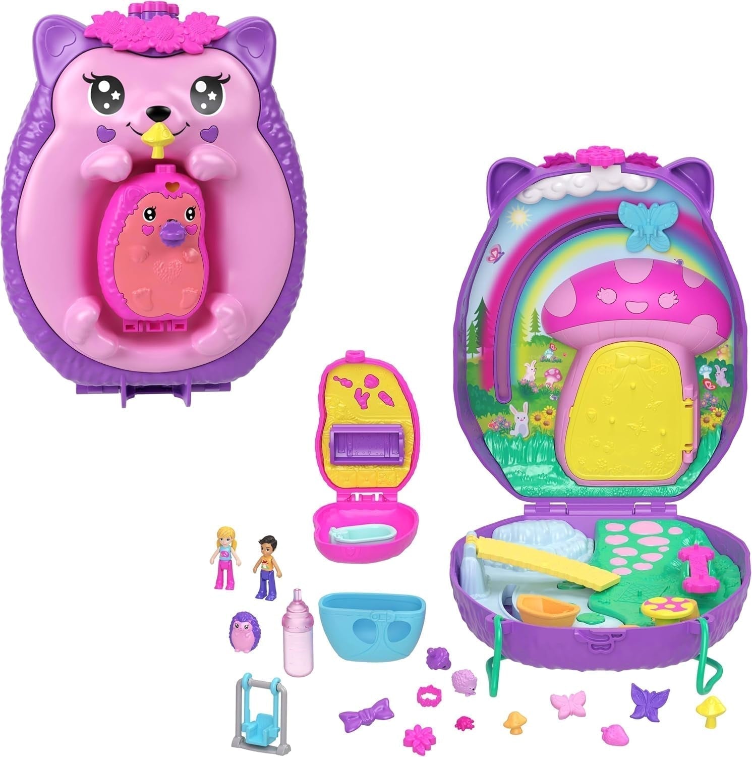 Polly Pocket GKJ64 - Draagbare Pineapple Pocket Box met 8 leuke functies, Polly en Purple poppen, 2 accessoires en stickervel; speelgoed voor kinderen vanaf 4 jaar Pupusi Naty Shop Mamma egelkind