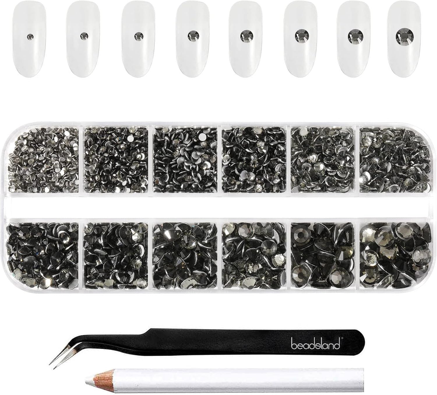 Beadsland 2500 stuks glas Nailart Strasssteine ​​Kristall Flatback Edelsteine ​​Runde, voor handwerk Gemischt 8 Größen SS4 ~ SS30 Mit Picking Pinzette en Stift (Kristall Weiss)