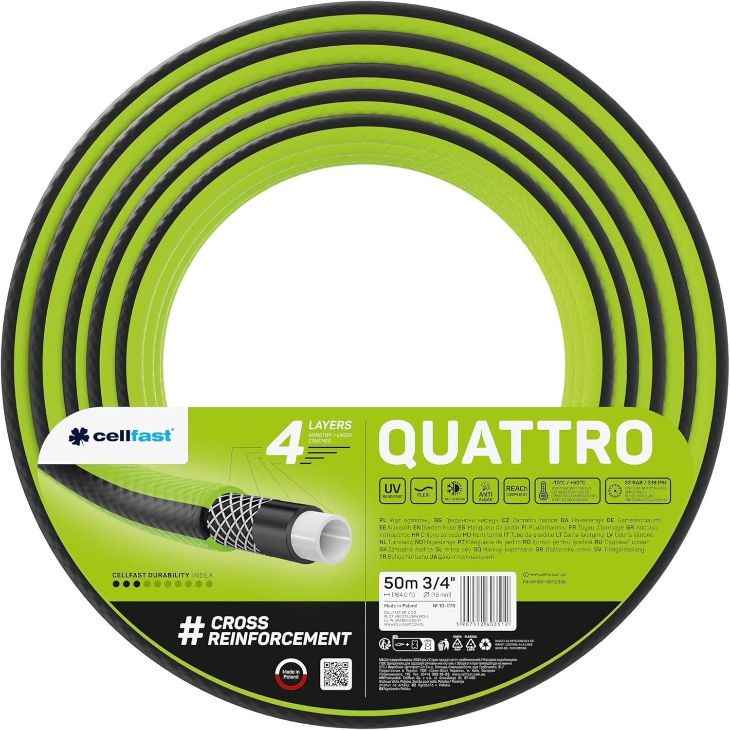 Cellfast QUATTRO Tuinslang Duurzaam Lichtgewicht 4 Ply UV-bestendig Draadslang Kruis Gevlochten 20 Bar 3/4" 15m 10-074