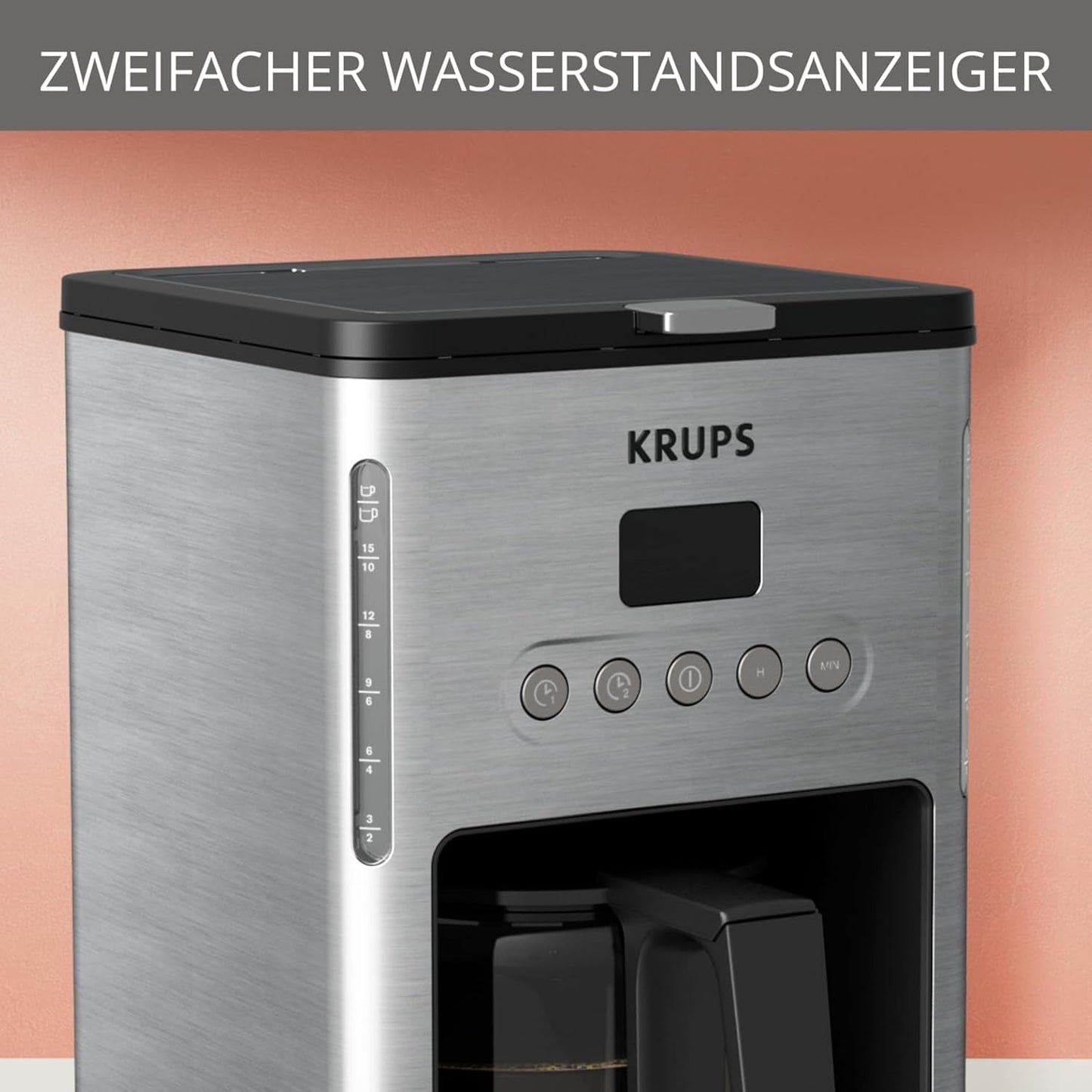 Koffie-espressomachine met filter Krups KM442D Premium | 10-15 kopjes | 1000 watt | programmeerbaar | warmhoudfunctie | roestvrij staal | zwart
