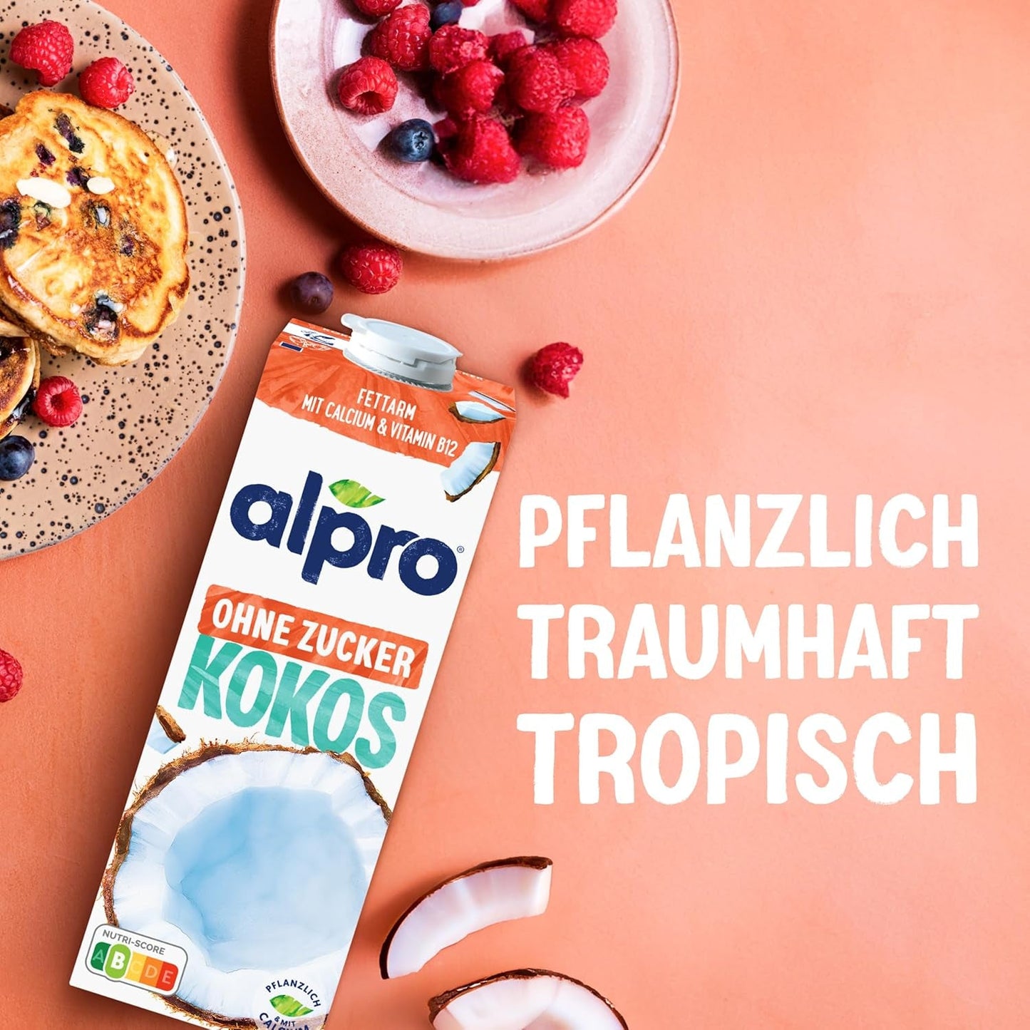 Alpro Kokosnussdrink ohne Zucker – Ohne Süßstoffe – Vegan en melkvrij – Van Natur aus lactosevrij en vettarm – Rijk aan calcium en vitamines – 8 x 1 L