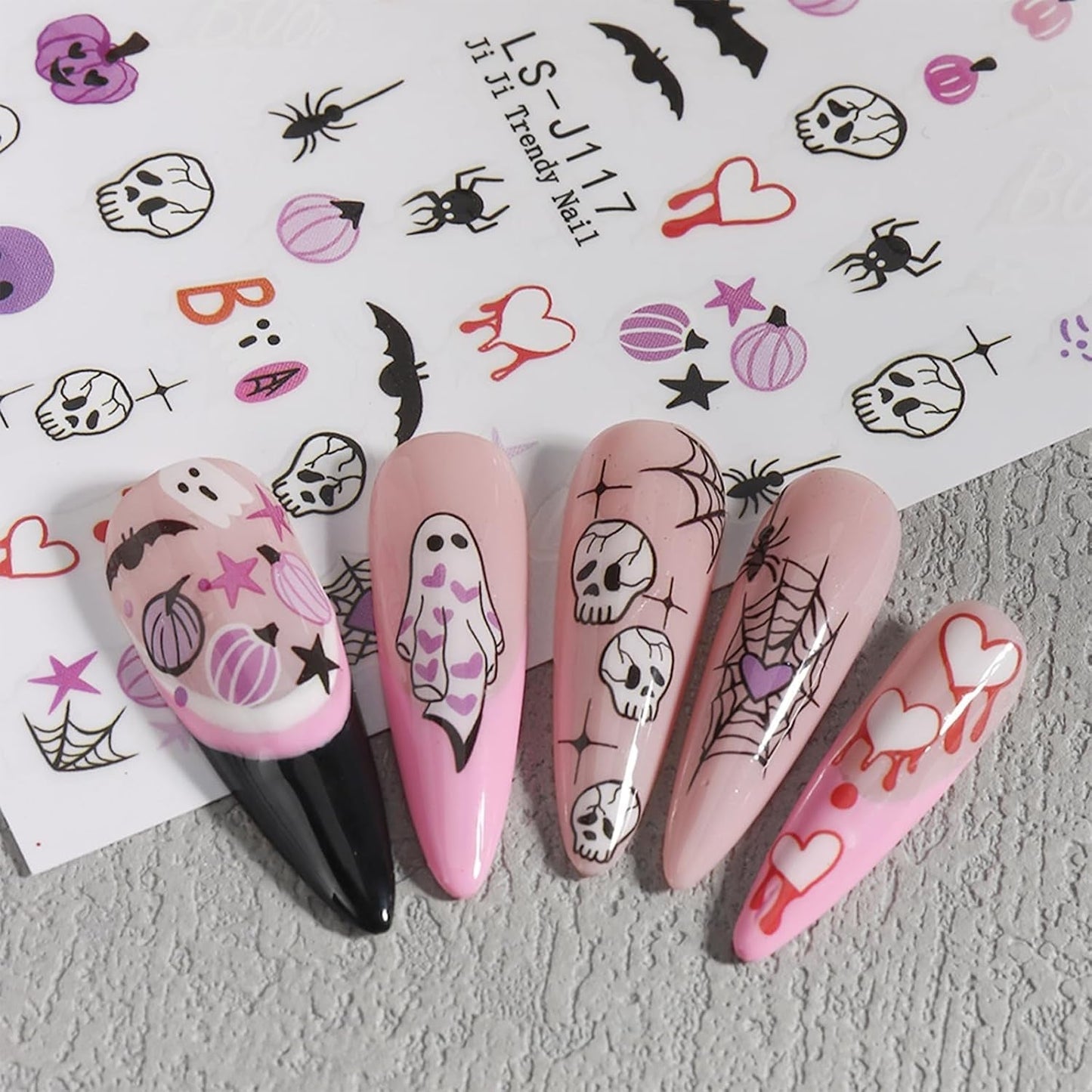 JMEOWIO Nagelsticker Halloween Süßer Geisterkürbis 9 Blatt Nail Art Sticker Selbstklebend Nagelaufkleber Decoratie Nageldesign Zubehör