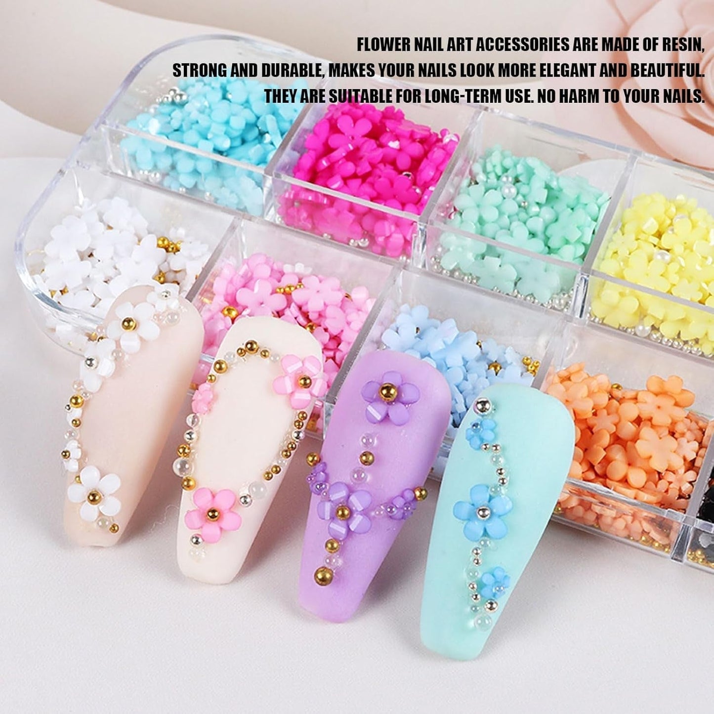 3D bloem nagelbedels, 12 rasters acrylhars bloem en goud zilveren kralen nagelstenen, bloem gelnagels, bloem nageldecoraties voor vrouwen en meisjes, doe-het-zelf-manicure-accessoires