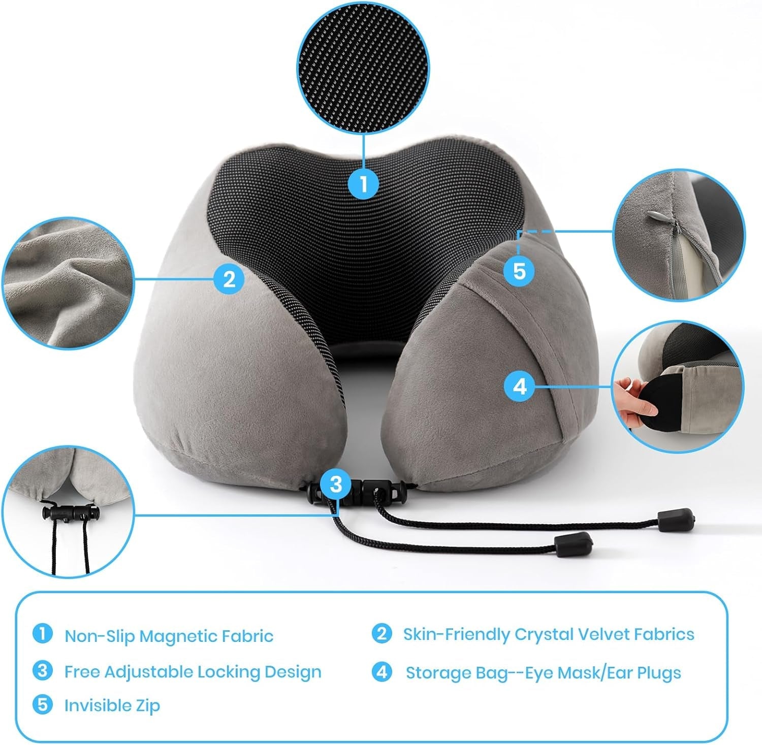 Nekkussen, Nekkussen voor vliegtuig, Reiskussen, Nekkussen voor volwassenen, Nekkussen voor auto, Huiskussen, Ergonomisch kussen van traagschuim, Wasbare smalle rug, Verstelbaar, Grijs