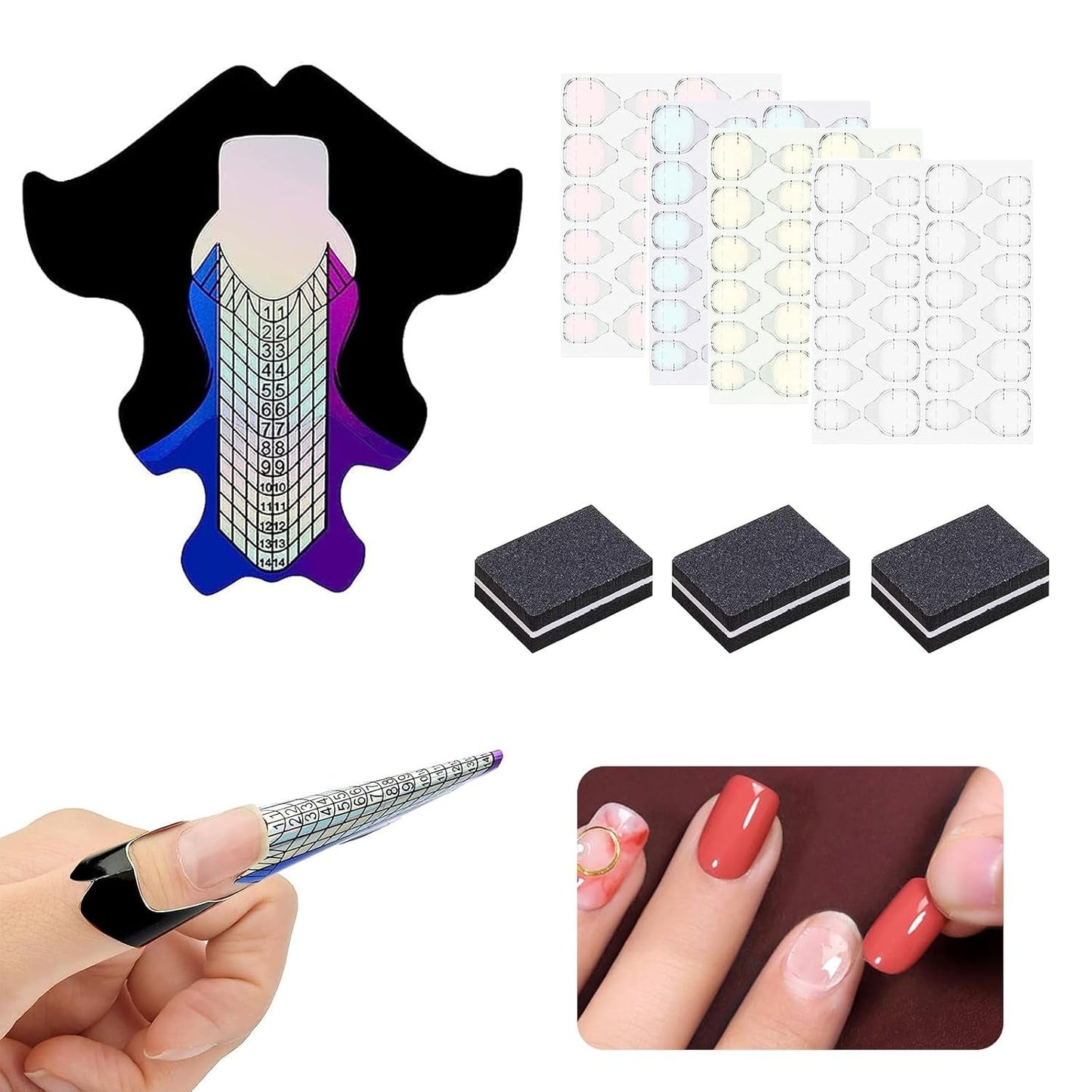 100 stuks nagelkunstsjablonen modelleringssjablonen zelfklevend met 4 vellen doorzichtig zelfklevende nagelpads en 3 nagelvijlen gelnagelverlengingsaccessoires voor kunstnagels
