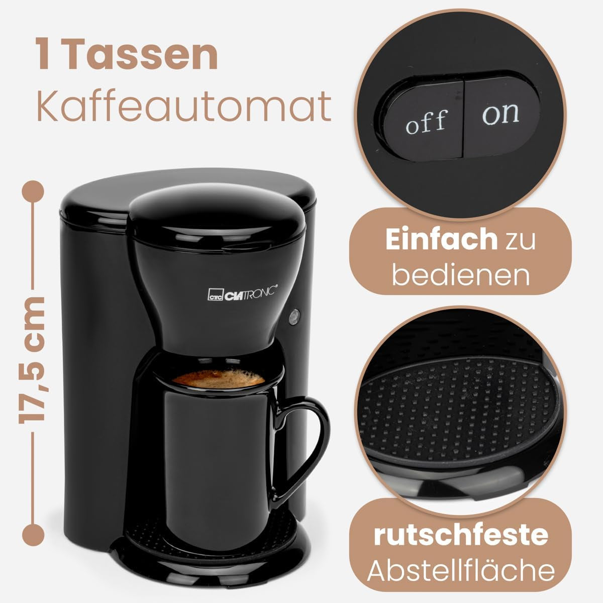 Clatronic® 1-kops koffiezetapparaat | Perfecte espressomachine voor alleenstaanden | Espressomachine met filter, inclusief keramische kop | Kleine espressomachine met filter, ideaal voor op reis | KA 3356