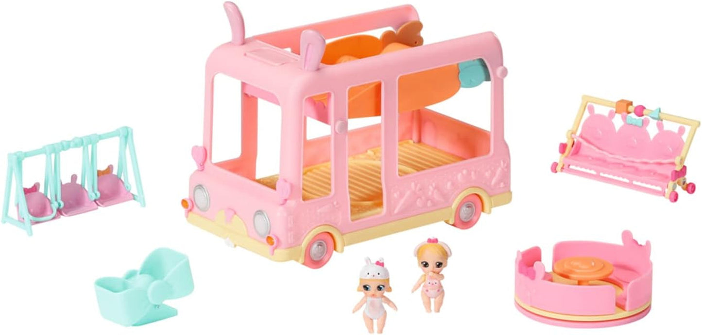 BABY born 904763 Baby Surprise Bus - roze minipoppenspeelgoedbus met 2 exclusieve poppen, drievoudige kinderwagen, schommel, carrousel, glijbaan en drievoudige schommel.