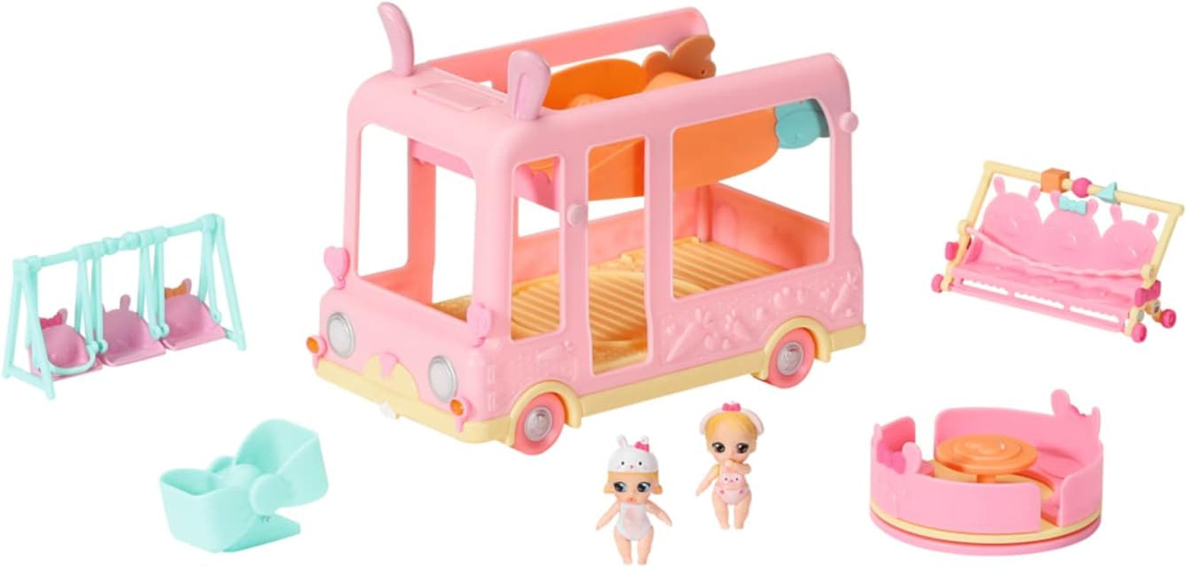 BABY born 904763 Baby Surprise Bus - roze minipoppenspeelgoedbus met 2 exclusieve poppen, drievoudige kinderwagen, schommel, carrousel, glijbaan en drievoudige schommel.