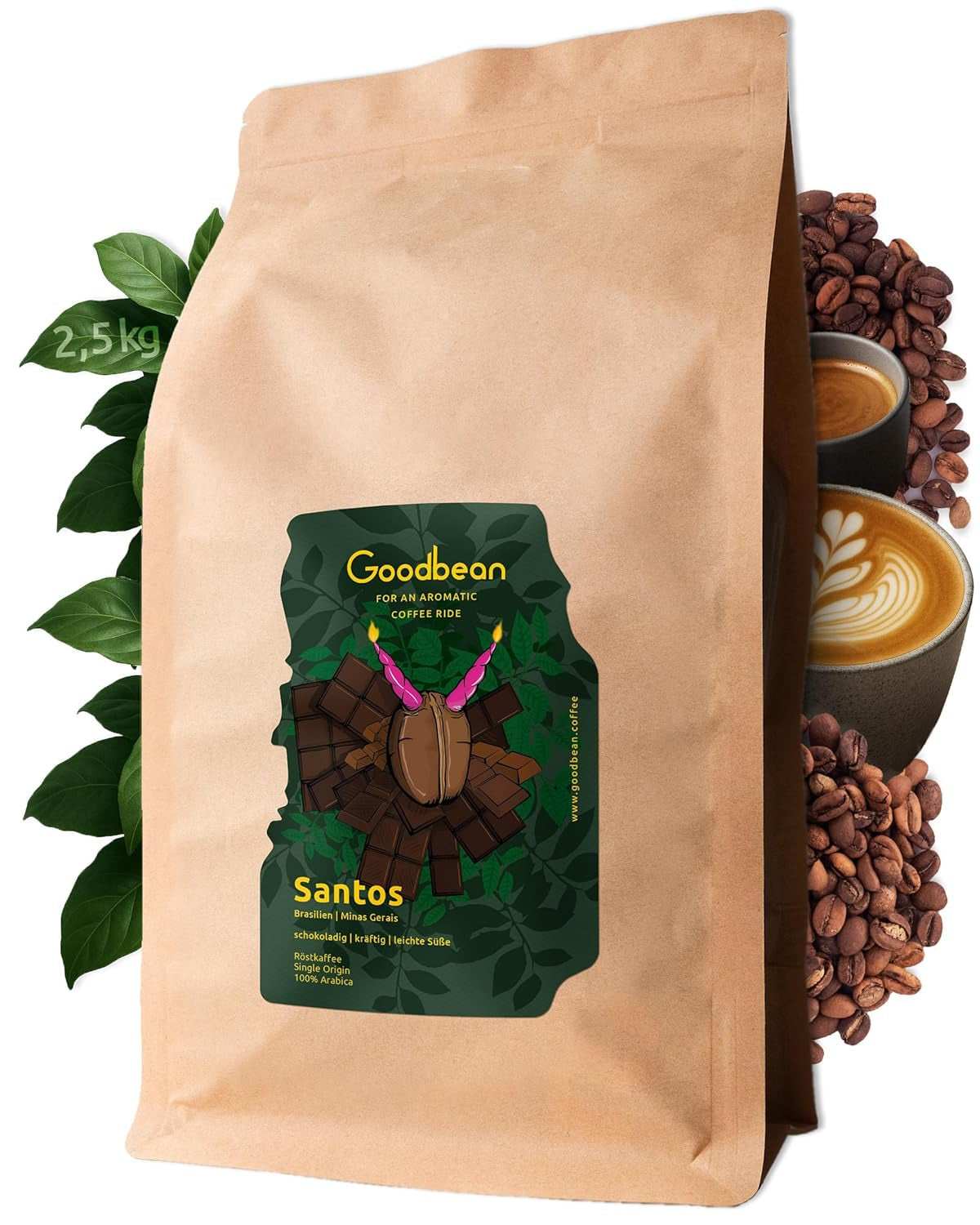 Santos | Koffiebonen 2500g - 100% Arabica uit Brazilië | voor espresso, cappuccino of sterke filterkoffie | Omni gebraad | Klassieke koffie - de perfecte kennismaking met speciale koffie