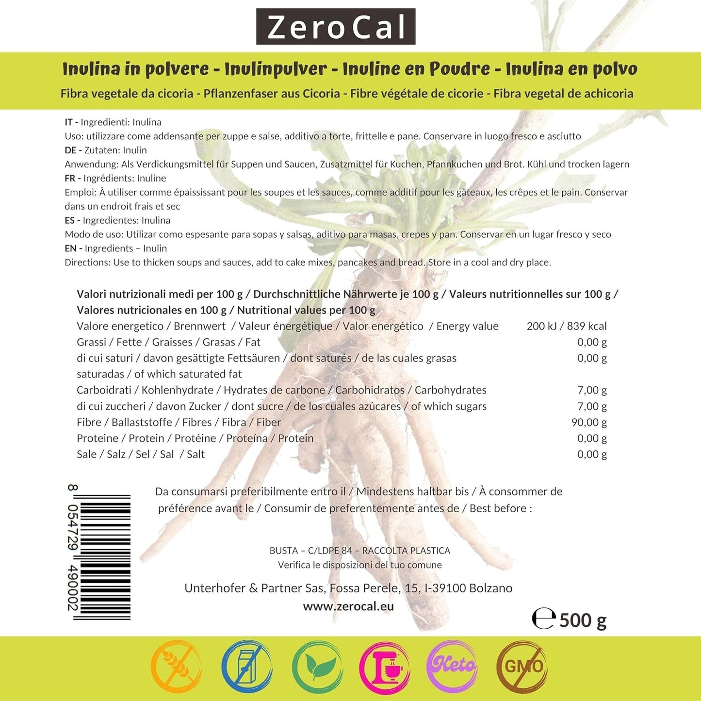 Zerocal - Inulinepoeder van cichorei-Wurzel 500 G | Inuline Mit Hohem Ballaststoffgehalt | 100% Veganistisch en Glutenvrij | Herkunft Deutschland Zoetstoffen Naty Shop