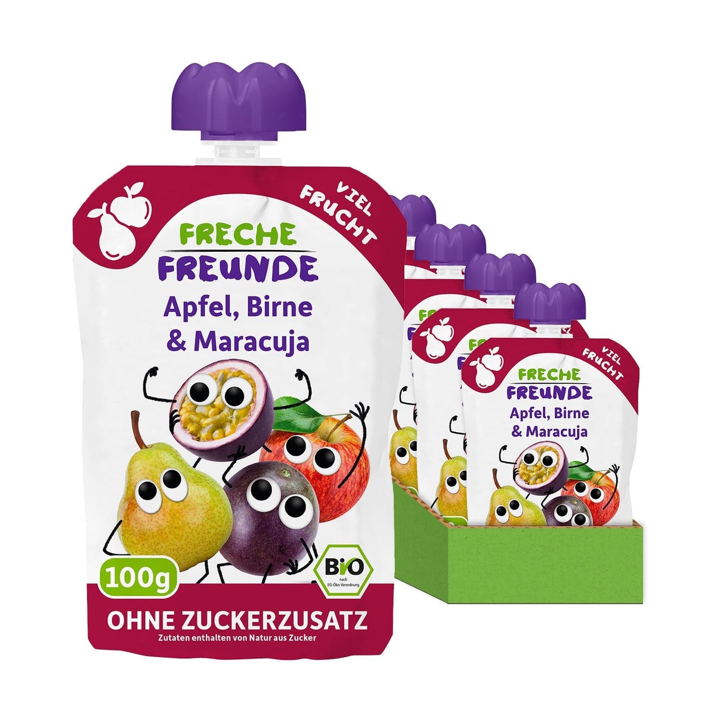 FRECHE FREUNDE Bio Quetschie Appel, Birne & Maracuja, Fruchtmus mit Obst im Quetschbeutel voor baby's vanaf 6 maanden, veganistisch, 6er-pakket (6 x 100 g)