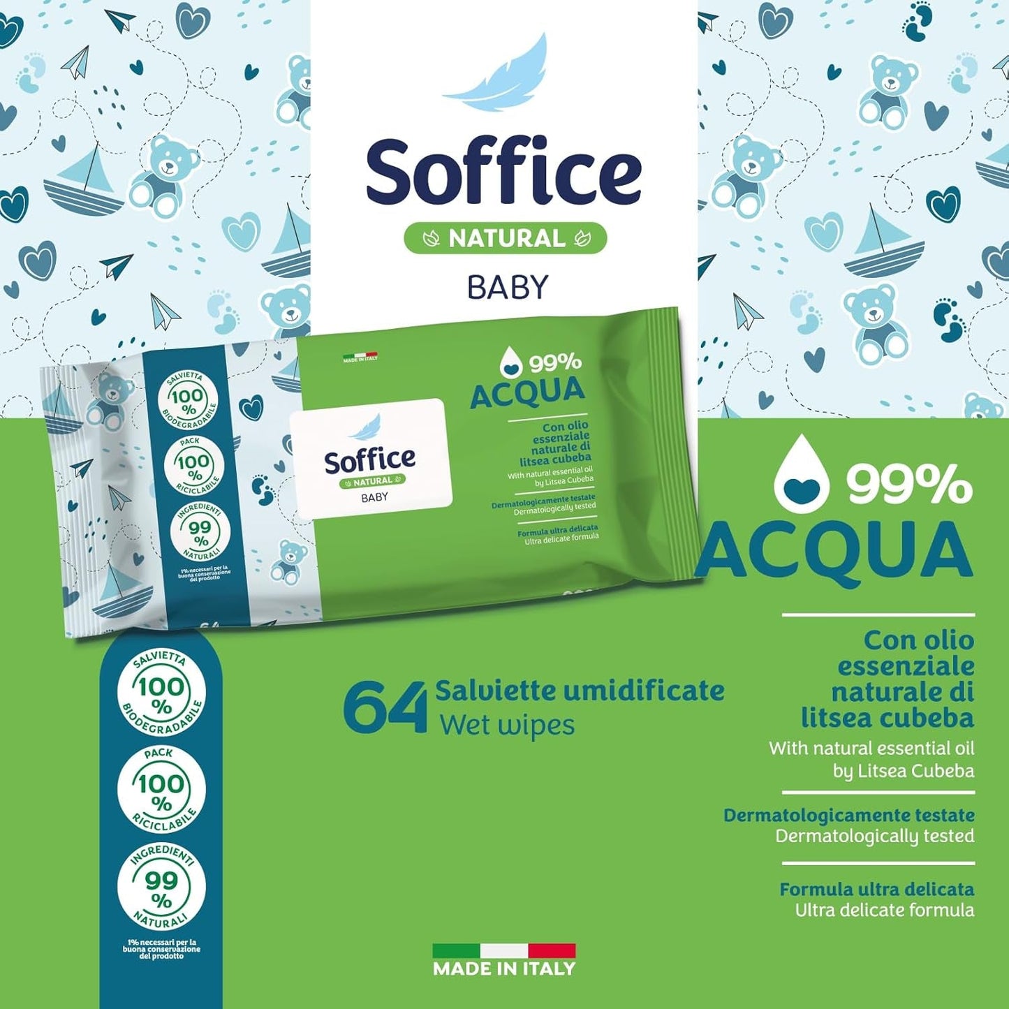 Natuurlijk reinigende vochtige doekjes voor baby's, 99% water, zeer delicate formule voor de dagelijkse hygiëne van kinderen en pasgeborenen - 12 verpakkingen van 64 doekjes