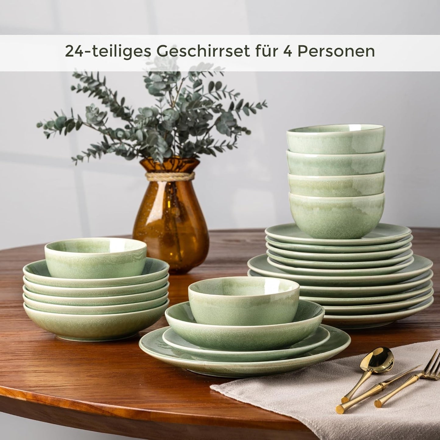 GBHOME 6-persoons keramische serviesset, 24-delige handgeschilderde borden en schalenset, krasbestendig steengoed, vaatwasser- en magnetronbestendig