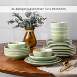 GBHOME 6-persoons keramische serviesset, 24-delige handgeschilderde borden en schalenset, krasbestendig steengoed, vaatwasser- en magnetronbestendig