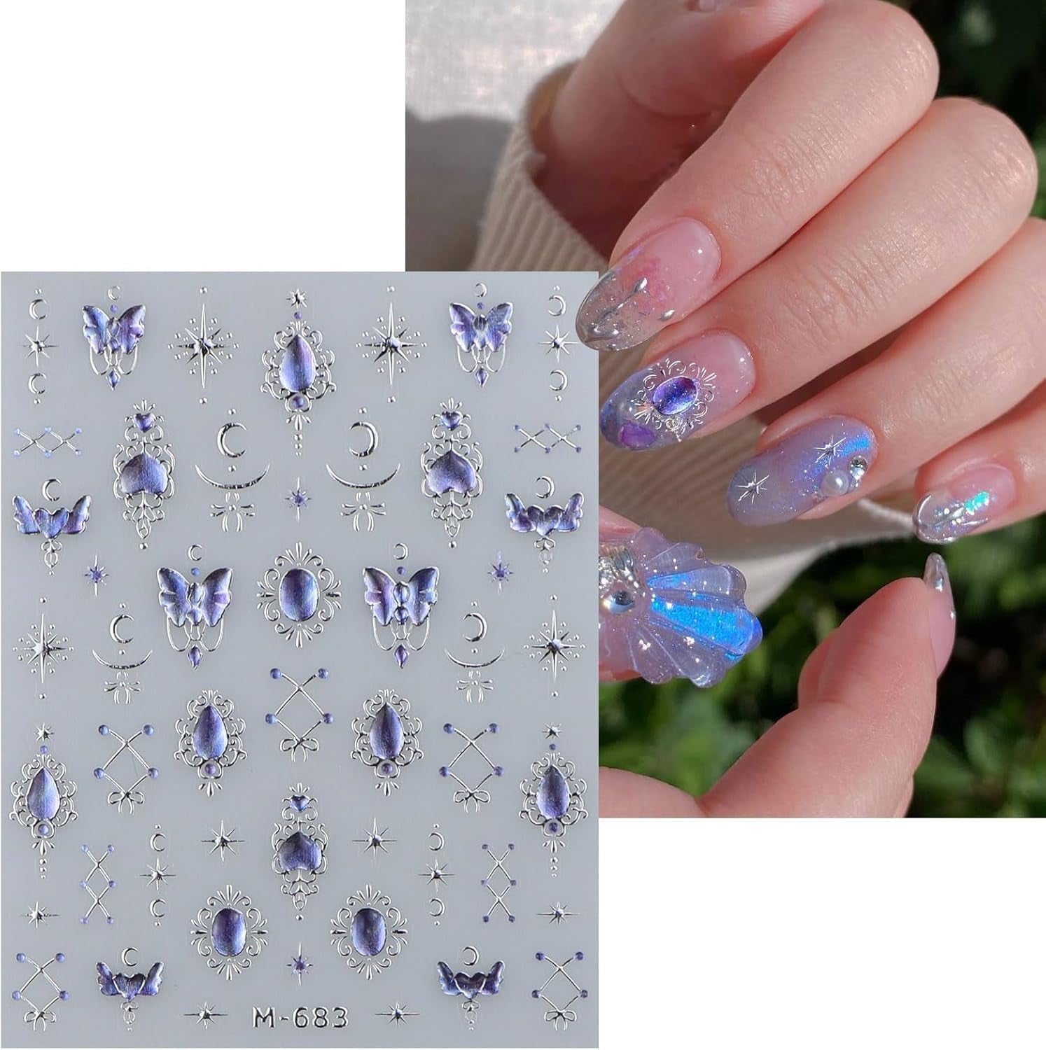 JMEOWIO 3D Nagelsticker Blauer Nail Art Sticker Selbstklebend Nagelaufkleber 5D Stereoskopisch Mondstern Decoratie Nageldesign Zubehör 1 Blatt