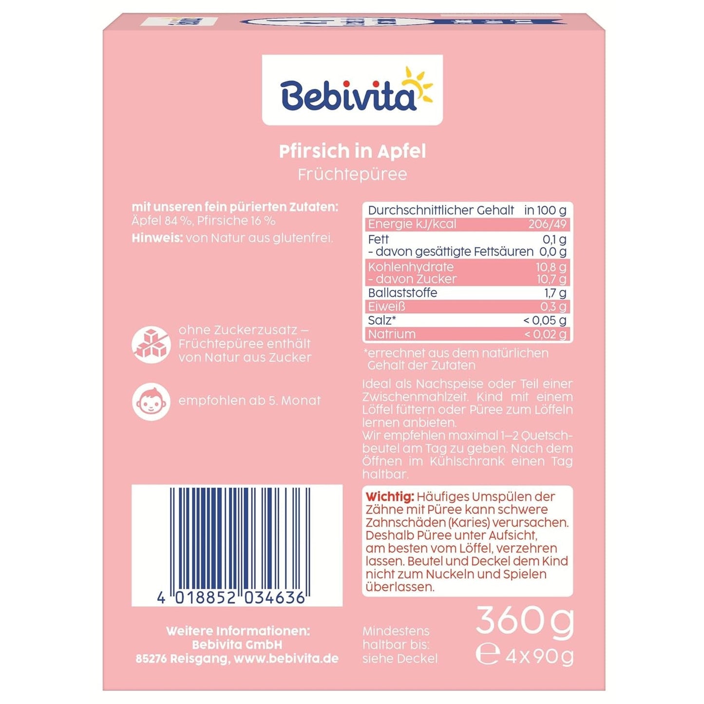 Perzikappel-squeezable zakjes - 16 stuks (4 pakjes, 4 x 90 g elk), geen toegevoegde suikers, glutenvrij, veganistisch, ideaal voor baby's vanaf 5 maanden, perfect om mee te nemen