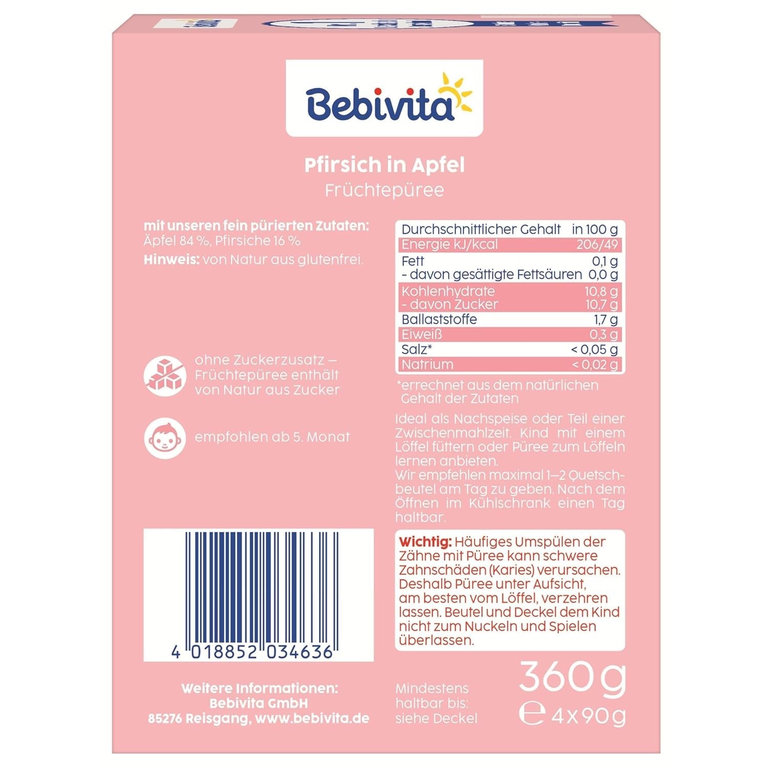 Perzikappel-squeezable zakjes - 16 stuks (4 pakjes, 4 x 90 g elk), geen toegevoegde suikers, glutenvrij, veganistisch, ideaal voor baby's vanaf 5 maanden, perfect om mee te nemen