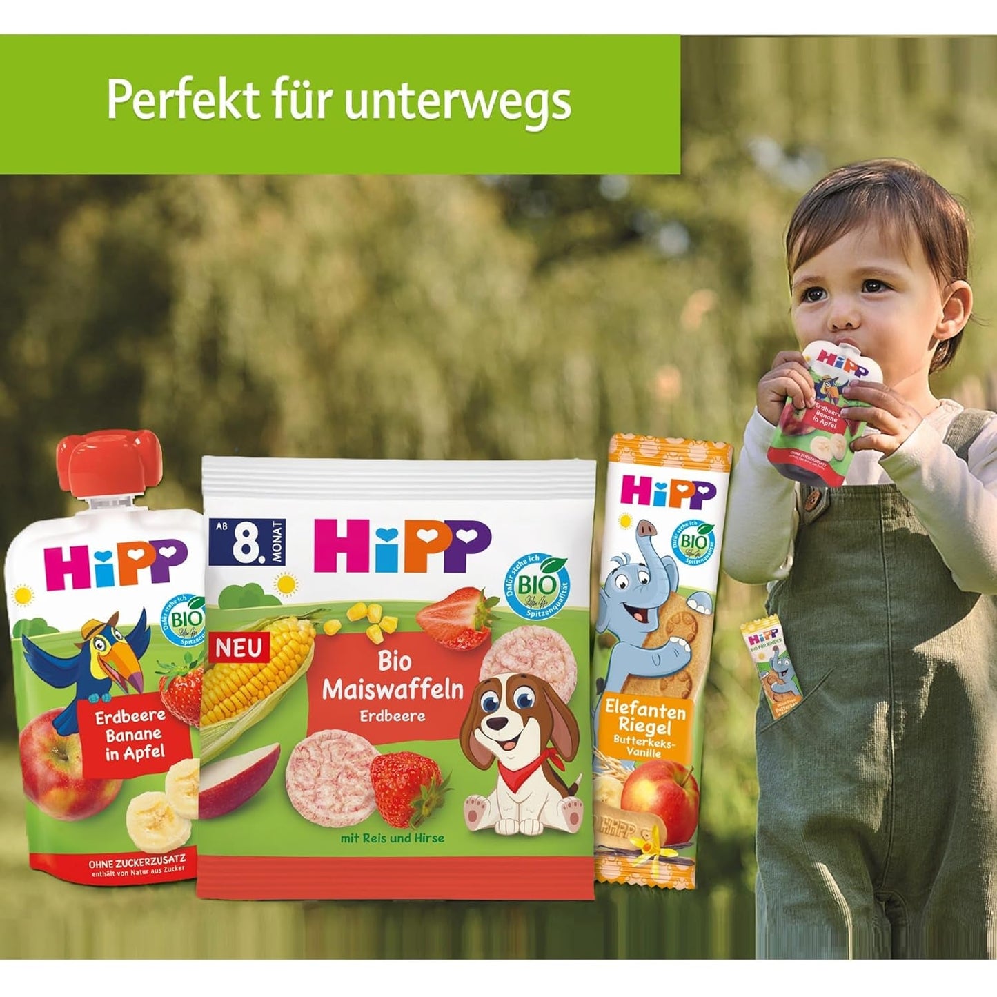 HiPP knijpzakjes met biologische perziken en bananen in zakjes appels en koekjes - Felix de luiaard (8 x 100g), vanaf 1 jaar, fruit met granen, geen toegevoegde suikers, beste biologische kwaliteit