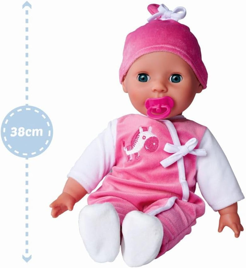 Simba 105140489 - Laura Baby Talk Doll, 38 cm zachte lichaamspop met slaperige ogen in schattige jumpsuit, 24 babygeluiden, speelpop, babypop, vanaf 2 jaar