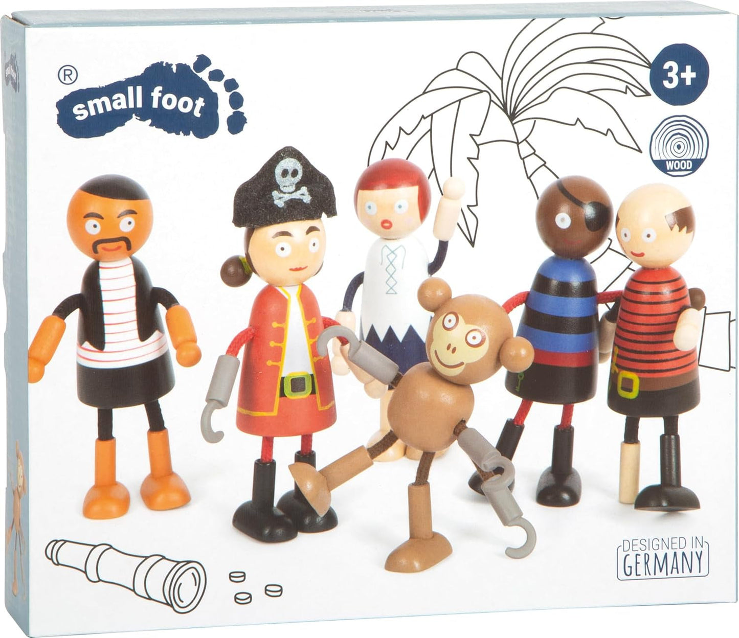 Small Foot flexibele houten piratenpoppen, 5 piraten en 1 aap, gedetailleerd en flexibel, vanaf 3 jaar, 12412