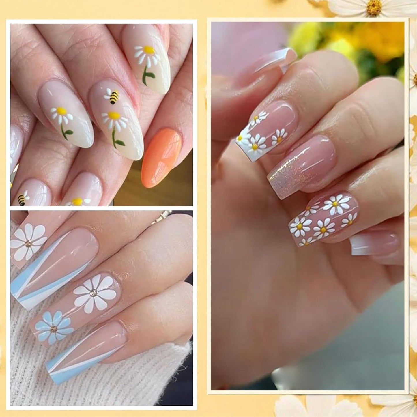 12 vellen nagelsticker met 3D-effect UV-uitharding langdurige bloem nagelstickers gele witte margriet nagelkunststickers