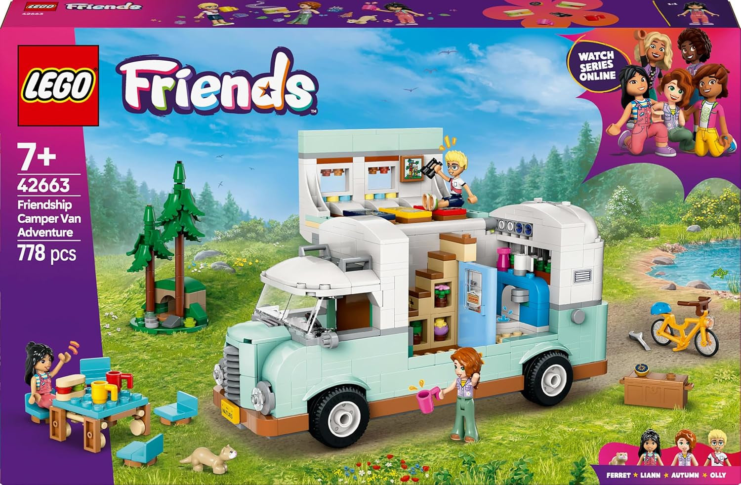 LEGO Friends Caravan, rollenspel-bouwset met een speelgoedcaravan, cadeau voor meisjes vanaf 7 jaar, creatieve speelset met 3 minifiguren en figuur van een fretdier 42663 Bouwsets Besuche in LEGO-Store