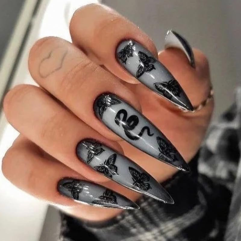 Mouyuglow Lange nagels Stiletto Melkwit Gradiënt Roze Glitter Cool Nepnagels met lijm Roze Ombre Glitter Kunstnagels