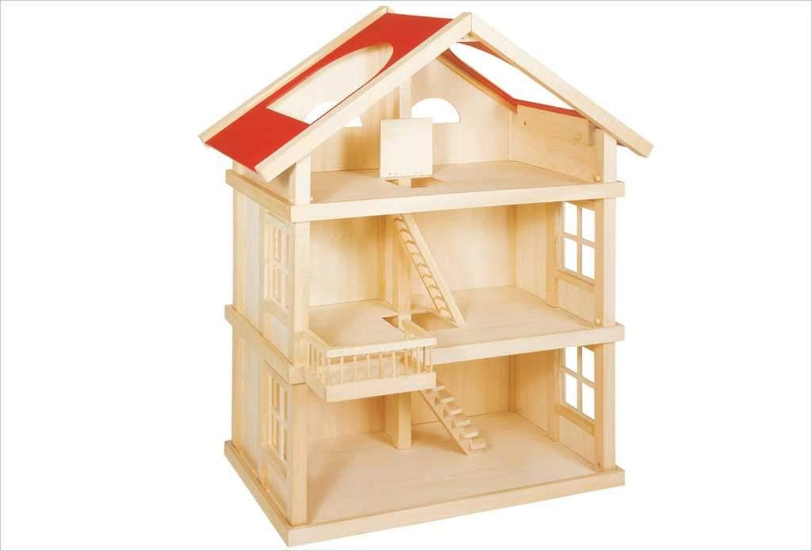 51957 Houten poppenhuis, 65 x 35 x 87,5 cm - Groot houten poppenhuis, 3 verdiepingen, open ontwerp, rood dak, trappen en balkon voor creatief rollenspel, poppenhuisspeelwereld