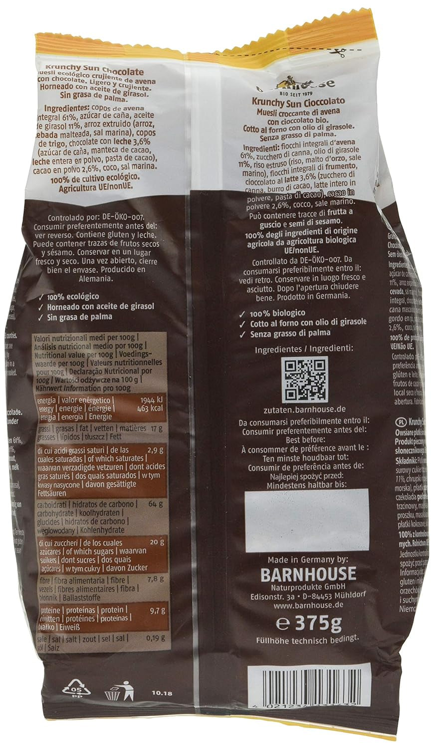 Schuurwoning Krunchy Sun | Muesli met chocolade | Ecologisch | Vegetarisch, 375 gram